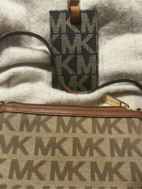 Michael Kors Tan and Brown MK Logo wristlet and luggage tag